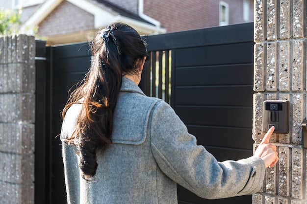 A video doorbell mounted next to a front door. A person is visible on the screen of the doorbell, interacting with the homeowner. The image highlights the security and convenience features of smart video doorbells.