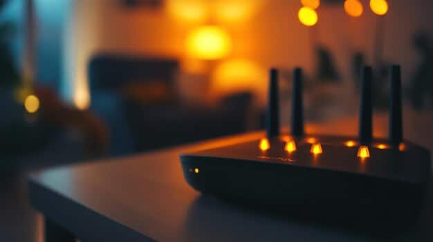A close-up view of a router with multiple blinking lights, indicating network activity. The focus is sharp on the router, with a slightly blurred background suggesting a home environment.