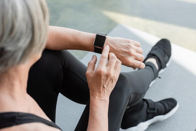 A close up shot of a senior wearing a sleek health monitoring device (smartwatch) with hands resting on a wooden cane. The background is blurred but suggests a cozy living room environment. The focus is on the device and the hands convey a sense of reliance and support.