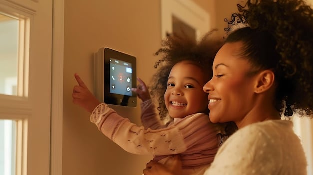 A parent adjusting the settings on a smart thermostat mounted on a wall. The display shows preset temperature limits to prevent extreme temperature fluctuations. The scene suggests a comfortable and safe home environment tailored to the needs of children.
