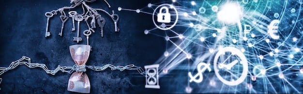 A stylized image representing a data breach, with broken chains and fragmented digital files, and a silhouette of a smart security camera in the background.