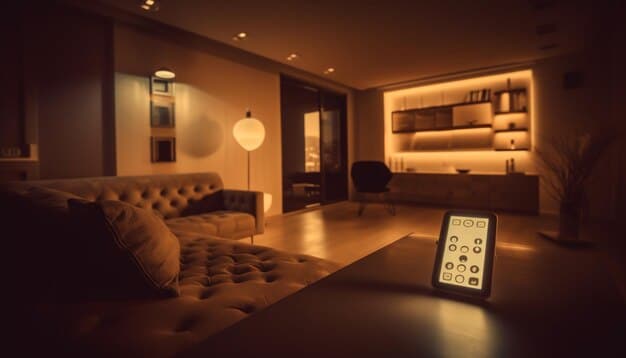 An interior shot of a living room with automated smart lights turning on gradually as dusk approaches. The image conveys a sense of security and well-being, highlighting the convenience and safety benefits of automated lighting systems.