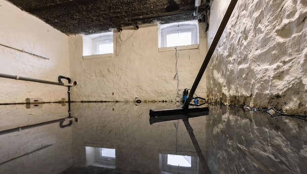 A picture showing a flooded basement in a residential home, emphasizing the destructive impact of water damage on belongings and structures.