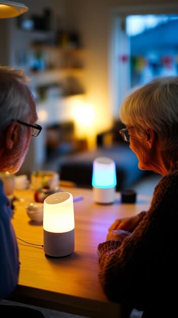 An elderly person using voice commands to control smart lights in their home, demonstrating the ease of use and safety benefits.