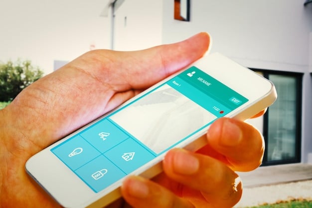 A close-up shot of a smartphone displaying a smart home security app interface. The app shows the status of a smart lock, with options for locking and unlocking. The background is blurred, suggesting a modern living room setup.