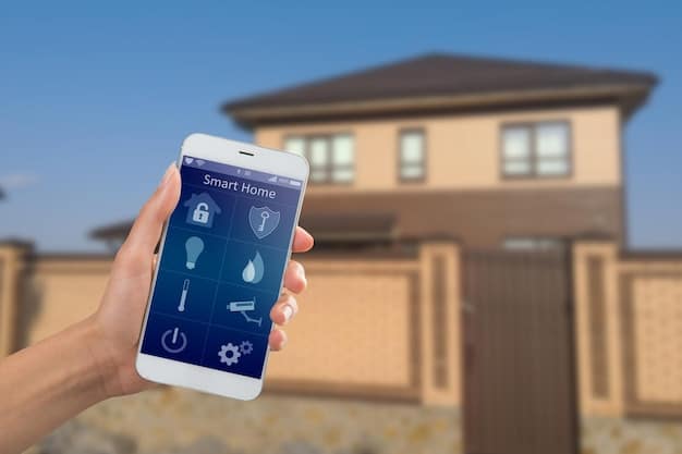 A hand holding a smartphone with a smart home app open, showing a security update notification for the smart lock. The notification is highlighted, indicating the importance of installing the update. The background features a cozy living room with dim lighting.