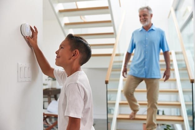 A family practicing their escape route from their smart home during a fire drill, with a smart smoke detector visible in the background.