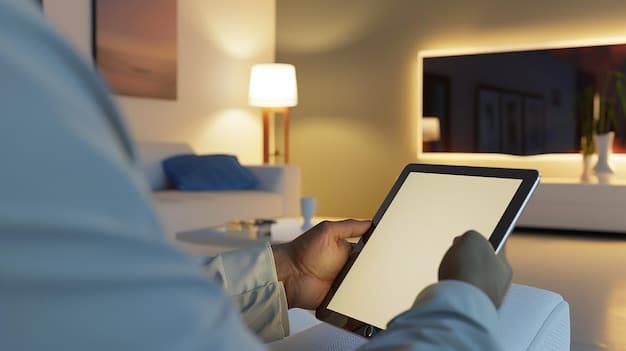 A living room is shown with smart lights that are remotely controlled via a tablet. The lights are dimmed to a soft, warm glow, creating a cozy and secure atmosphere. The image emphasizes the ability to adjust lighting remotely for safety and security.