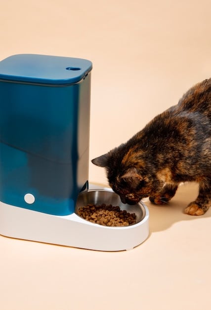 A close-up of a smart pet feeder dispensing food into a bowl. A cat is patiently waiting nearby, looking at the feeder with anticipation. The feeder is sleek and modern, blending seamlessly into the home environment.