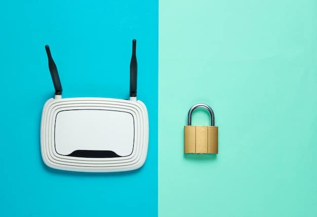 A close-up shot of a router with a padlock icon superimposed over it, symbolizing network security. Cables are connected in the background, and the lighting suggests a modern, tech-savvy environment.