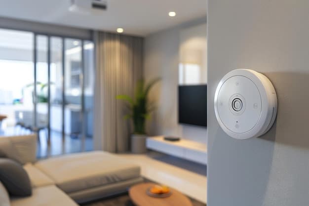 A security camera mounted on a wall, overlooking a living room with various smart home devices. The camera is modern and sleek, and the lighting is warm and inviting.