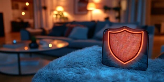 A conceptual image of a cybersecurity shield protecting smart home devices, symbolizing the importance of security in the Matter 2.0 protocol. The image shows various smart home devices (lights, locks, cameras) interconnected and secured by the shield.