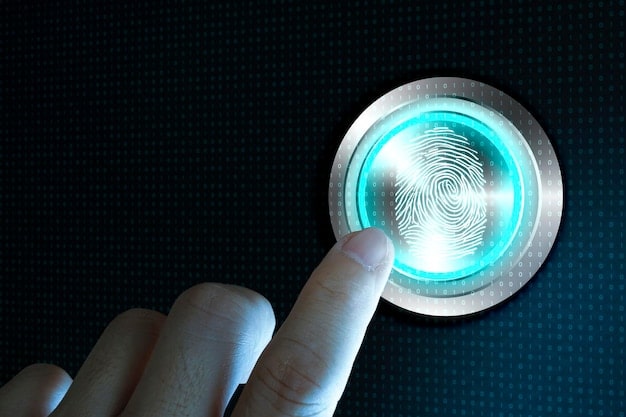 A close-up of a person's finger pressing onto a biometric fingerprint scanner on a front door. The scanner glows green, indicating successful authentication. The background is slightly blurred, focusing on the clarity and precision of the scanning process.