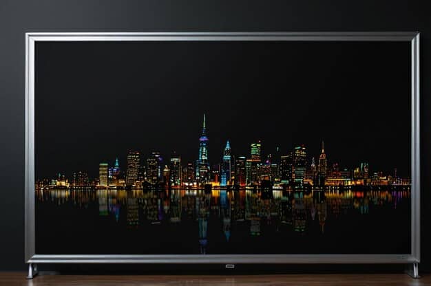 A close-up of an 8K TV screen displaying a highly detailed cityscape. The image highlights the sharpness and clarity of 8K resolution, with individual buildings and details rendered with incredible precision.