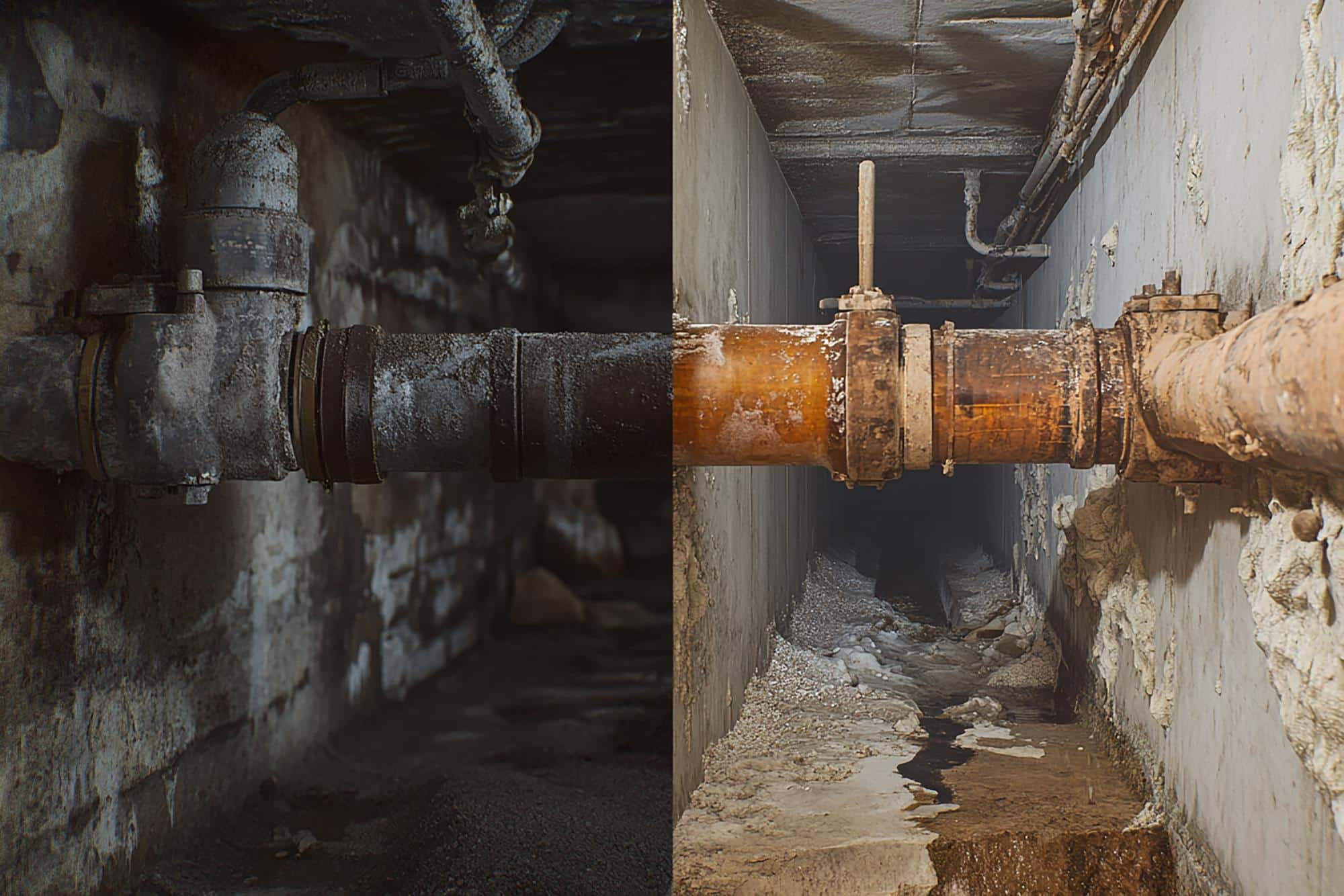 A split image showing the before and after of a plumbing leak detected by a smart home system, with the 