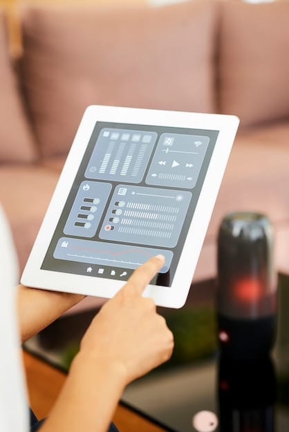 A futuristic smart home dashboard interface displayed on a tablet, showing real-time data from various connected devices (lighting, temperature, security cameras). The interface highlights the speed and reliability of the 5G network in delivering the data instantly and accurately.