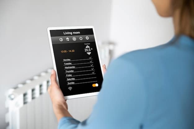A close-up of a smart thermostat interface, showing customizable temperature settings, energy usage graphs, and scheduling options. The display reflects a user-friendly design and intuitive controls.