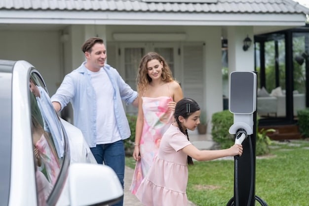 A family standing in front of their home, smiling. An electric vehicle is parked in the driveway, connected to a bidirectional charger. Speech bubbles coming from the house and the EV indicate a dialogue about saving money and reducing their carbon footprint.