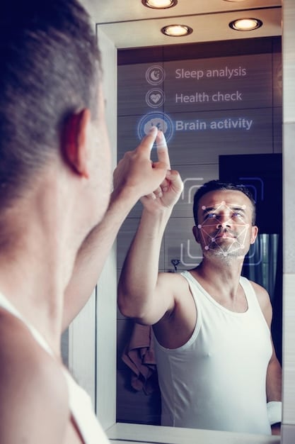 Close-up shot of a person seamlessly interacting with a smart mirror in a modern bathroom, displaying weather information, news headlines, and smart home controls.