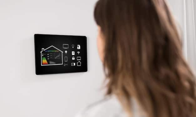 A sleek smart thermostat with an advanced user interface on a modern wall, displaying energy usage data and personalized temperature settings, highlighting its edge computing capabilities.