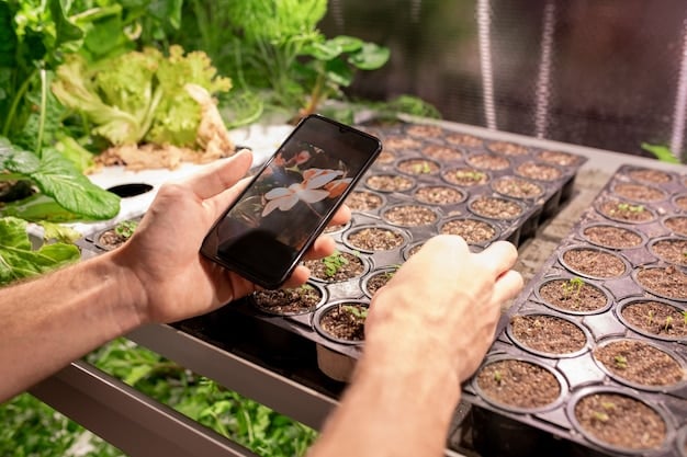 A close-up of a soil moisture sensor being inserted into the ground near a plant. The sensor is connected to a smart irrigation system, with a smartphone app displayed in the background.