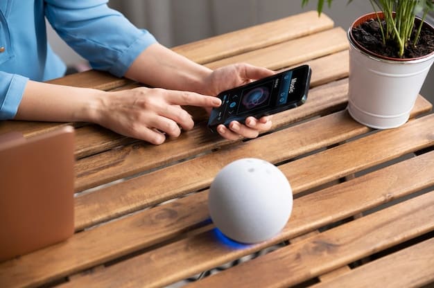 A close-up shot of a hand using a voice assistant device (like Amazon Echo or Google Home) to control different smart home functions. The image should focus on the ease of use and quick response of the device.