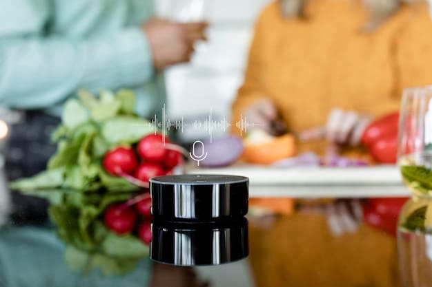 A close-up shot of a robotic arm delicately stirring ingredients in a pot on a smart induction cooktop. The background shows a blurred modern kitchen with integrated smart displays.