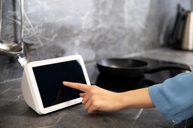 A person interacting with a smart display on a kitchen counter, showing a complex recipe with step-by-step instructions. The background includes various smart kitchen appliances.