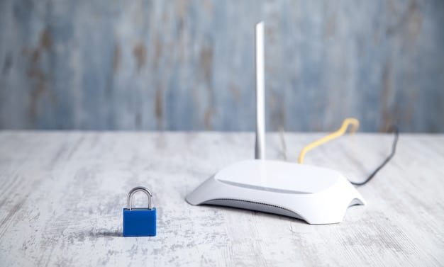A visual representation of a secure home network. A router with a padlock icon is central, with encrypted data streams flowing to various smart home devices like lights, security cameras, and thermostats. A shield icon overlaying the network indicates protection from external threats.