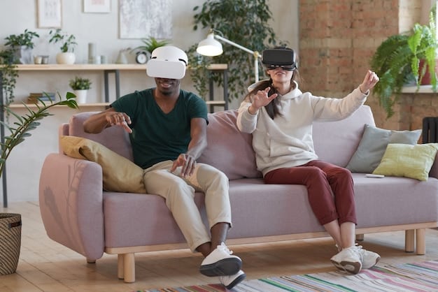A person sitting on a couch in their living room, wearing a VR headset. Virtual interfaces are overlaid onto the real-world environment, showing controls for lighting, temperature, and entertainment systems.
