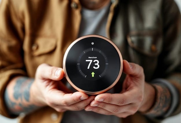 A close-up of a smart thermostat displaying an energy usage report, showing the decrease in energy consumption over the past month. The interface is clean and user-friendly.