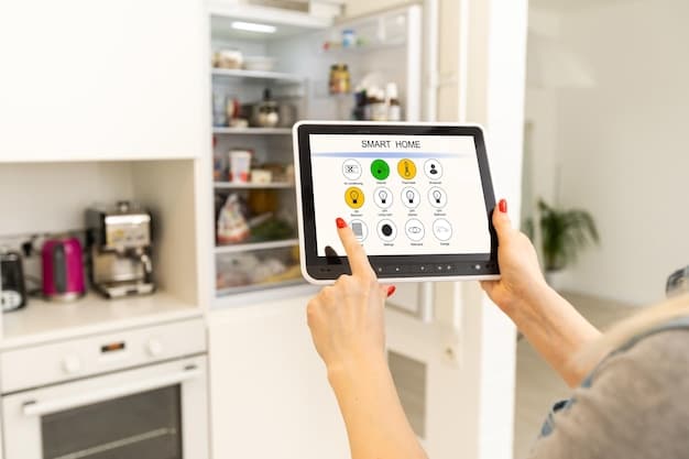 A smart refrigerator with a built-in display showing its energy consumption data, including daily and monthly usage charts. There are also options to optimize energy settings.