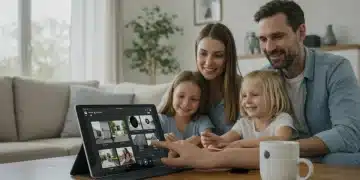 Family interacting with DIY smart home security system tablet