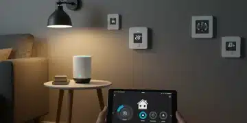 Modern living room with smart home devices and a tablet displaying scene controls