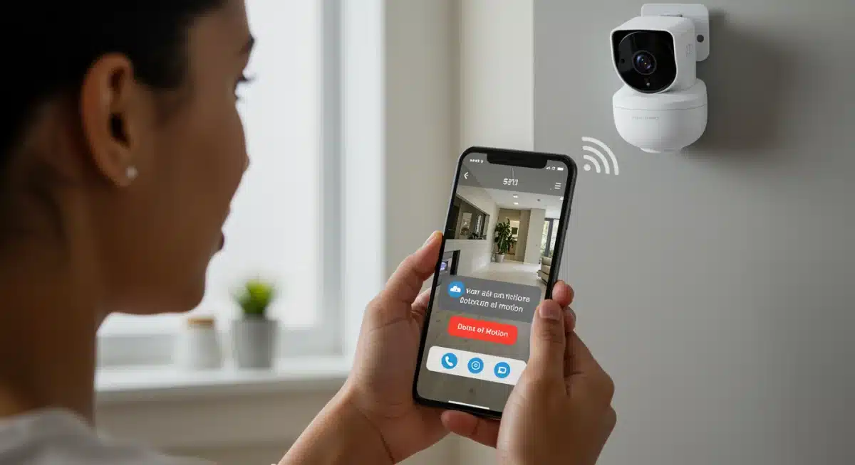 Person monitoring home security camera feed on smartphone