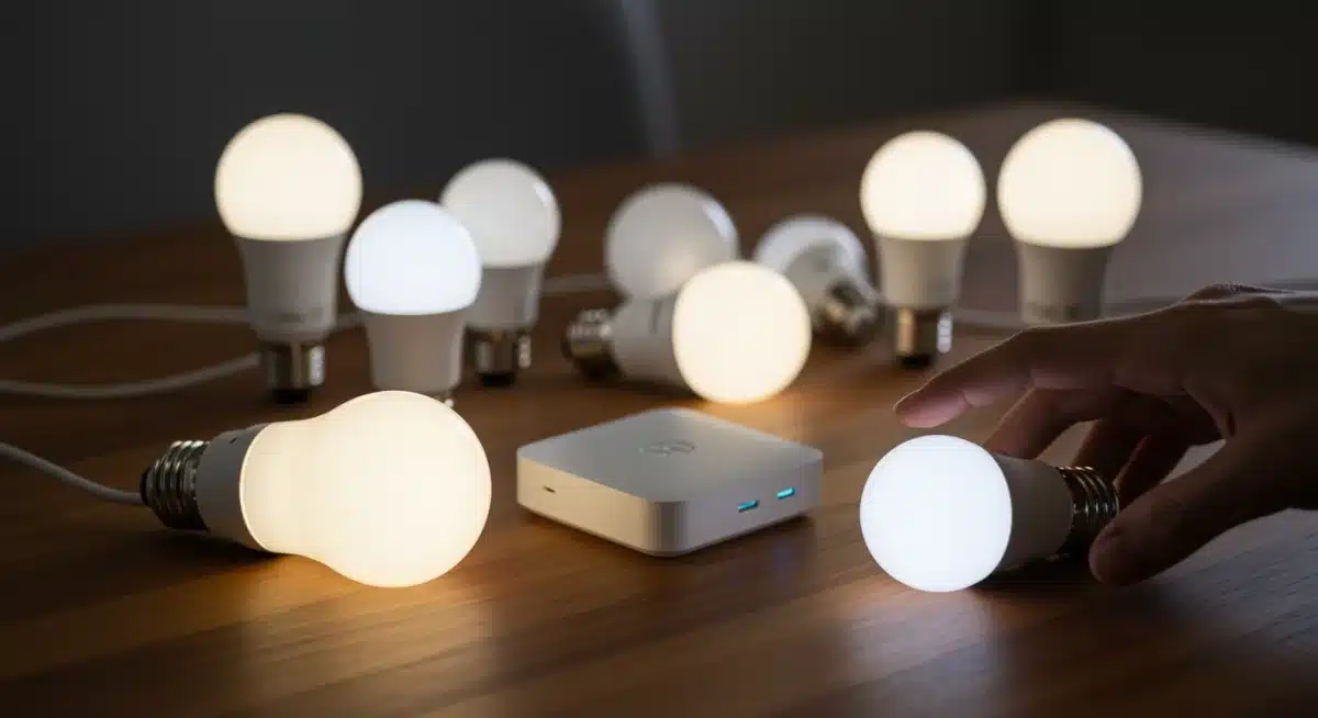 Assortment of smart light bulbs and a hub