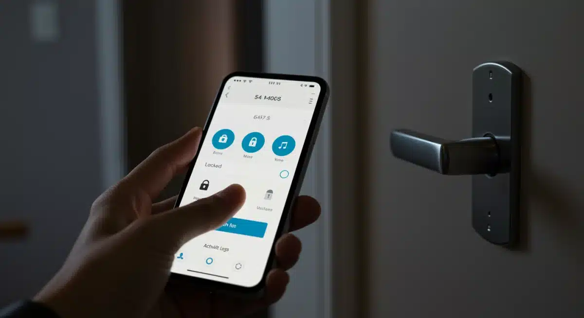 Smartphone displaying smart lock control app, showing remote access and activity logs for home security management.