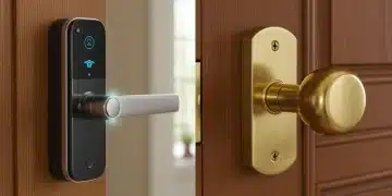 Smart lock with digital keypad versus traditional deadbolt on a wooden door, illustrating modern home security advancements.