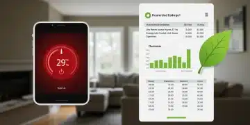 Smart thermostat displaying energy savings with a green leaf and budget spreadsheet
