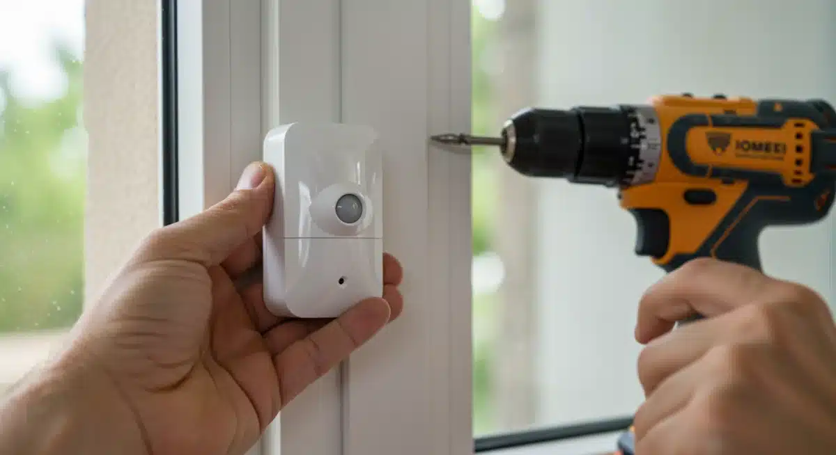 Hands installing wireless smart home security window sensor