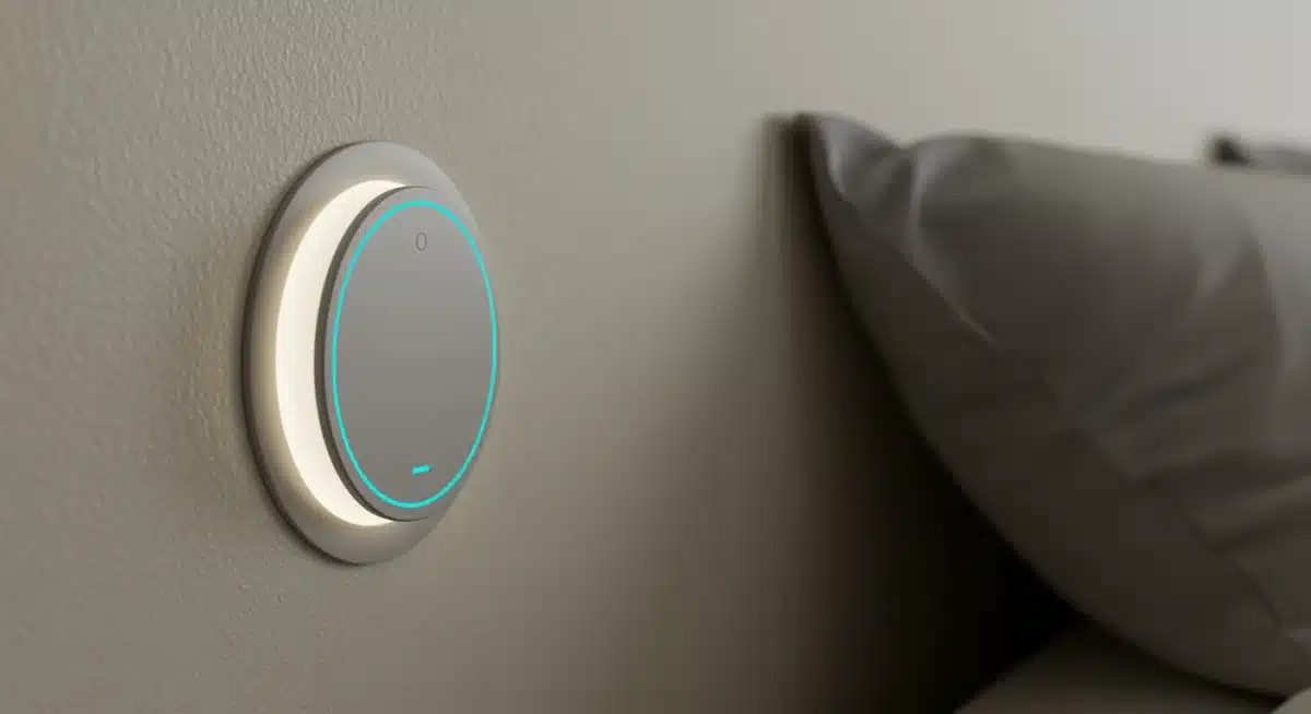 Discreet smart sensor monitoring air quality and sleep in a modern bedroom.