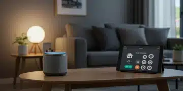 Modern living room with smart speaker and smart home devices