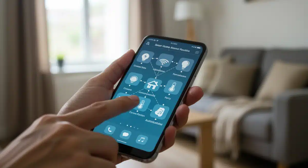 Smartphone displaying a complex smart home automation routine with voice assistant integration