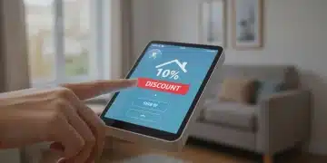 Hand interacting with a smart hub displaying a 10% discount, illustrating ease of use and direct savings on smart home devices.