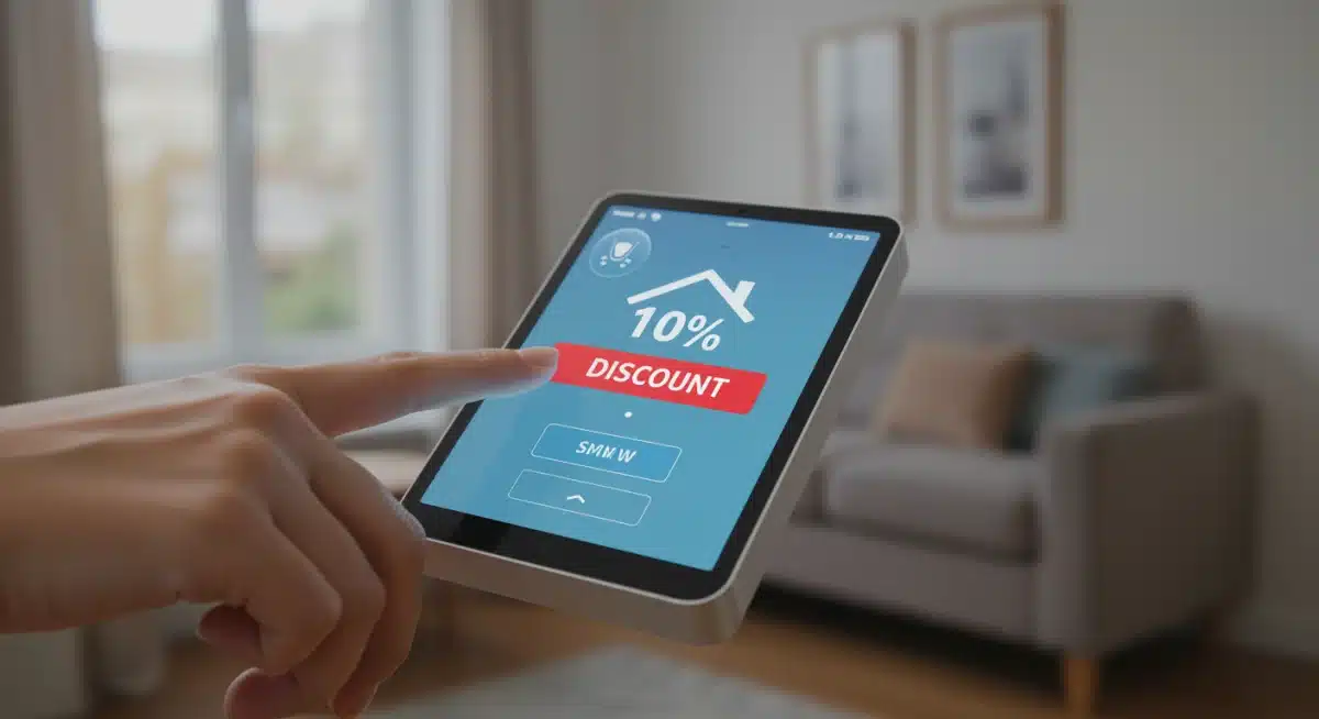 Hand interacting with a smart hub displaying a 10% discount, illustrating ease of use and direct savings on smart home devices.