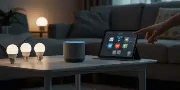 Smart speaker in a modern living room with integrated smart home devices