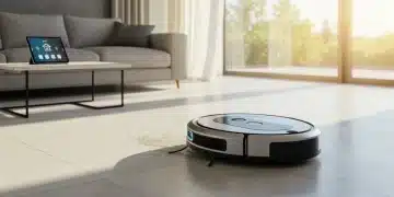 Smart home vacuum robot cleaning a modern living room floor efficiently