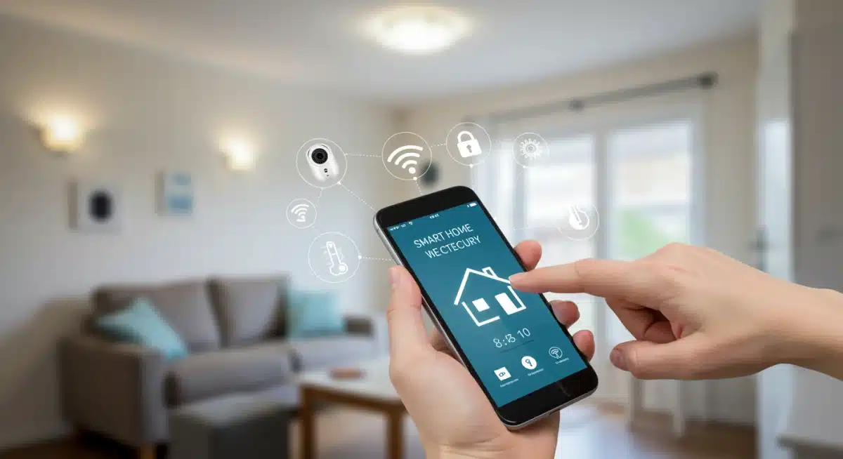 User controlling smart home devices through a smartphone app, enhancing security