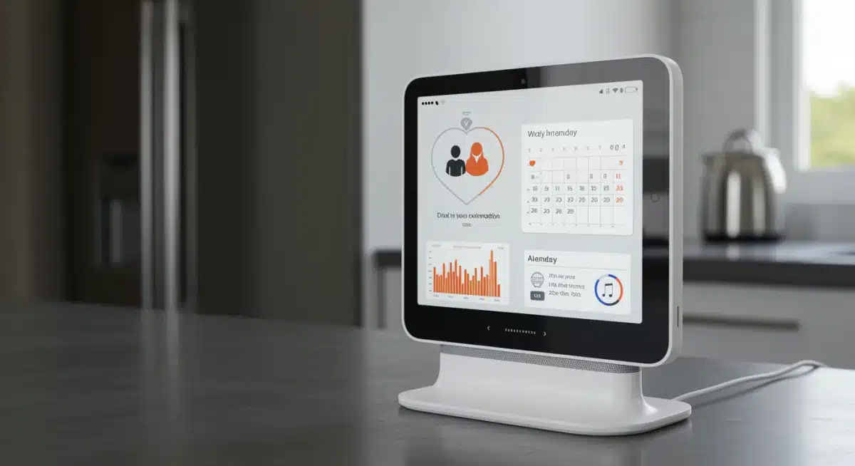 Smart home assistant displaying personalized data in a modern kitchen setting