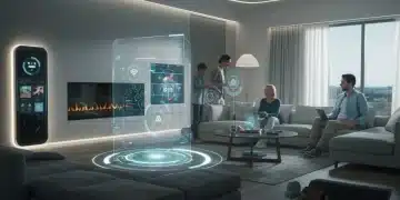 Futuristic family interacting with AI smart home assistant in modern U.S. living room